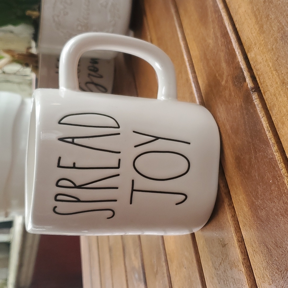 Rae Dunn mug 21oz white SPREAD JOY rainbow